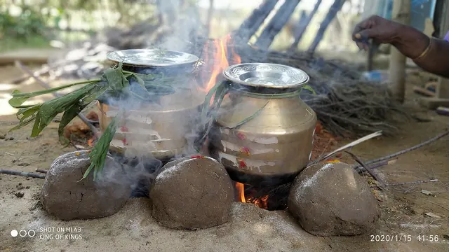 விறகு அடுப்பில் பொங்கல் பானைகள்